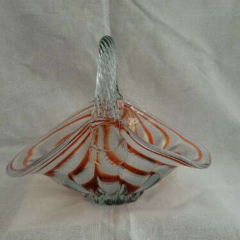 Red & White Swirl Art Glass Basket